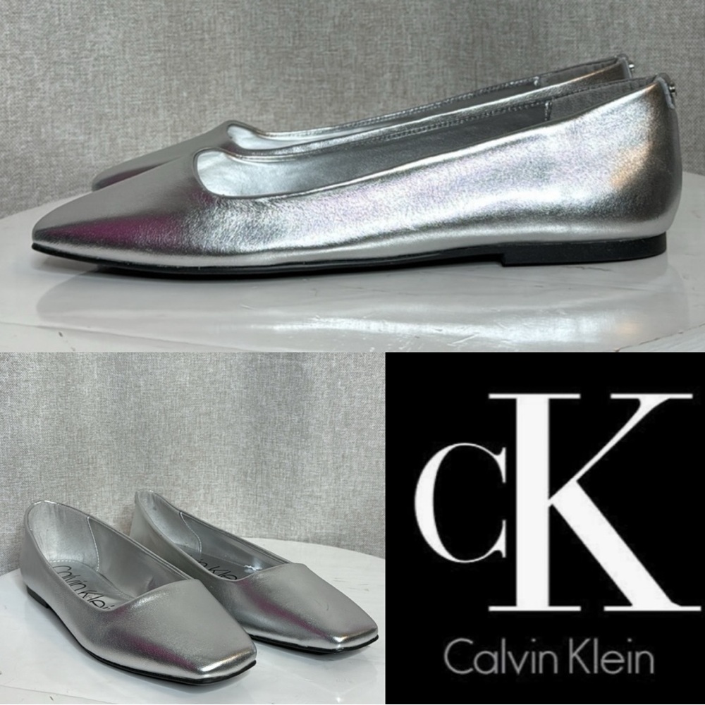 CALVIN KLEIN NYTA SILVER LEATHER BALLET FLATS METALLIC SQUARE TOE **NIB**